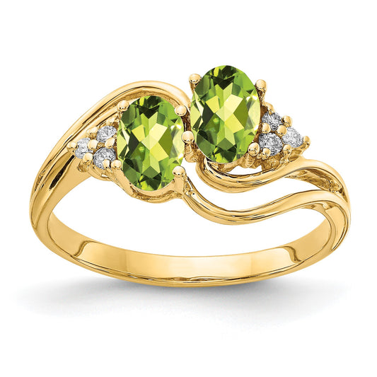 14k 6x4mm Oval Peridot and 1/20 carat AA Diamond 2-Stone Ring