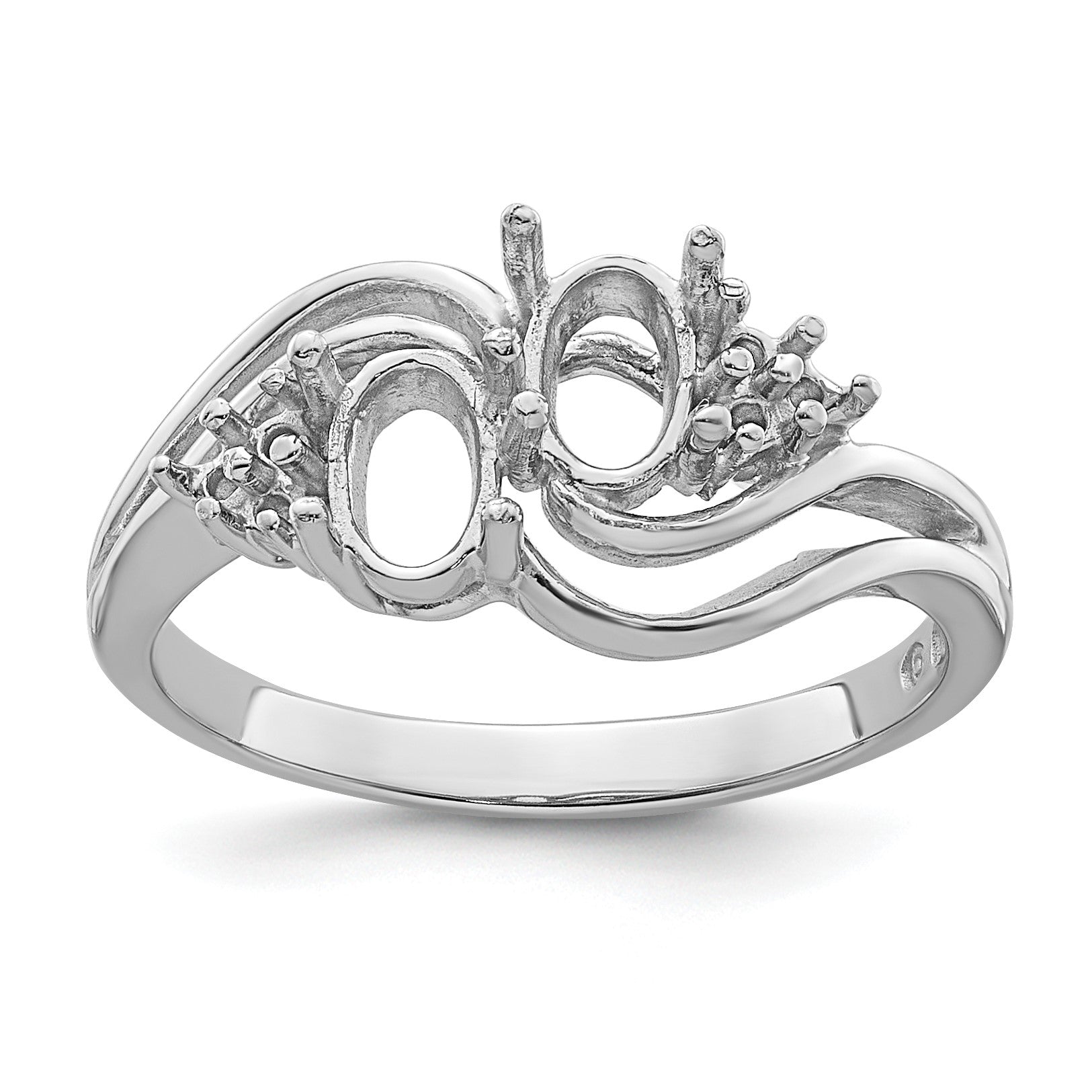 14k White Gold Holds 6-1.2mm Round and 1-6x4 Oval Gemstone Ring Mounting