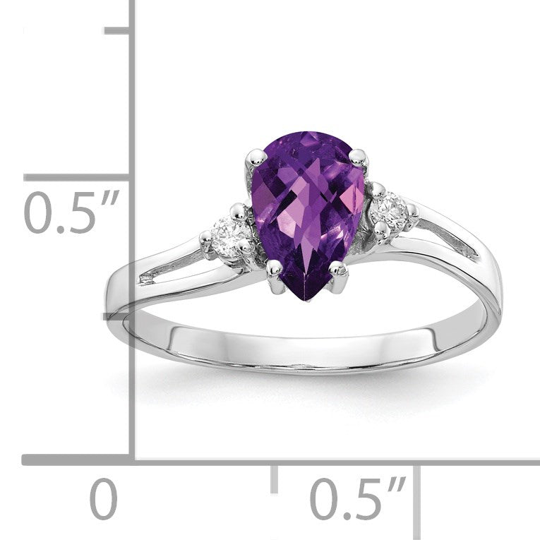 14k White Gold 7x5mm Checker-cut Pear Amethyst and 1/20 carat AA Diamond Ring