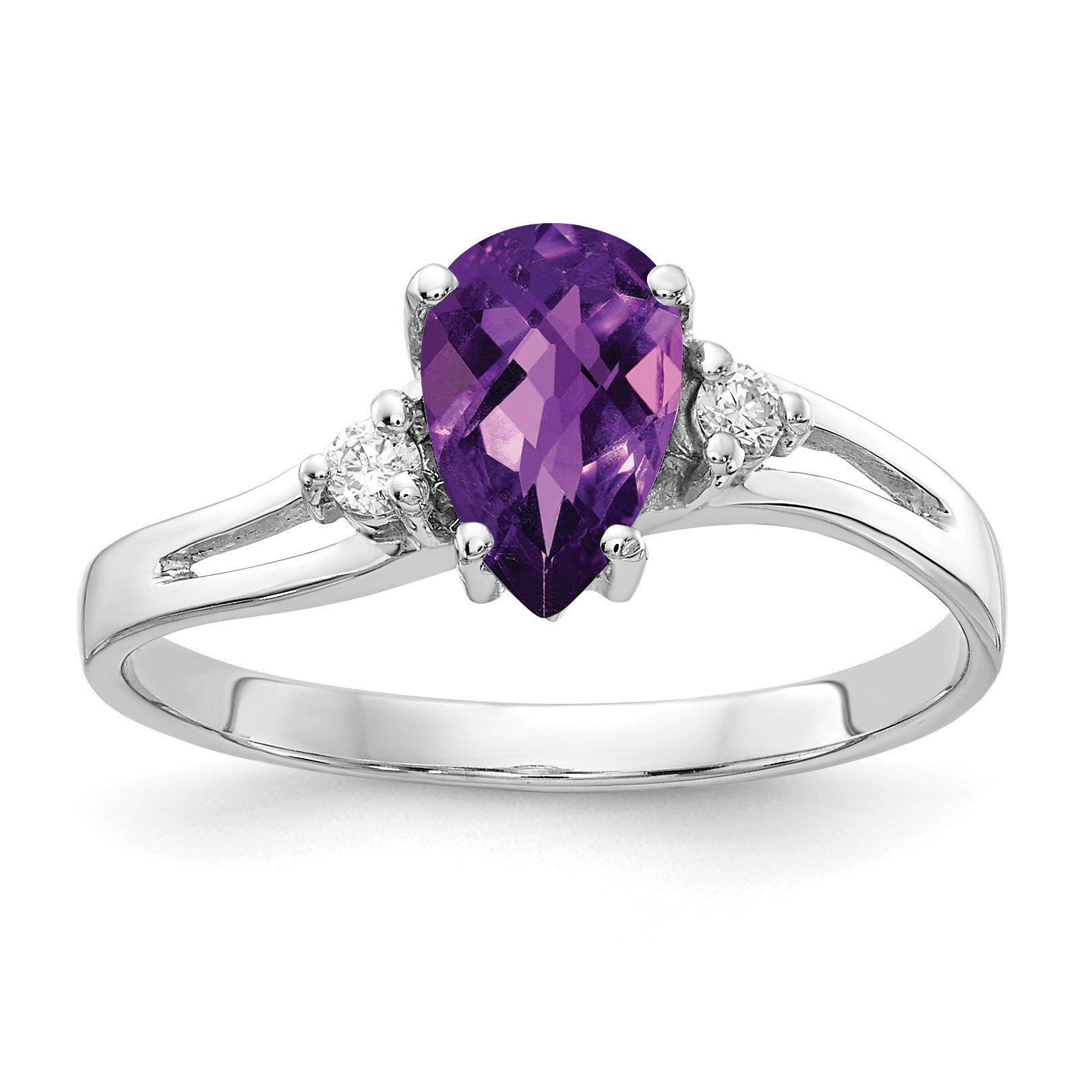 14k White Gold 7x5mm Checker-cut Pear Amethyst and 1/20 carat AA Diamond Ring