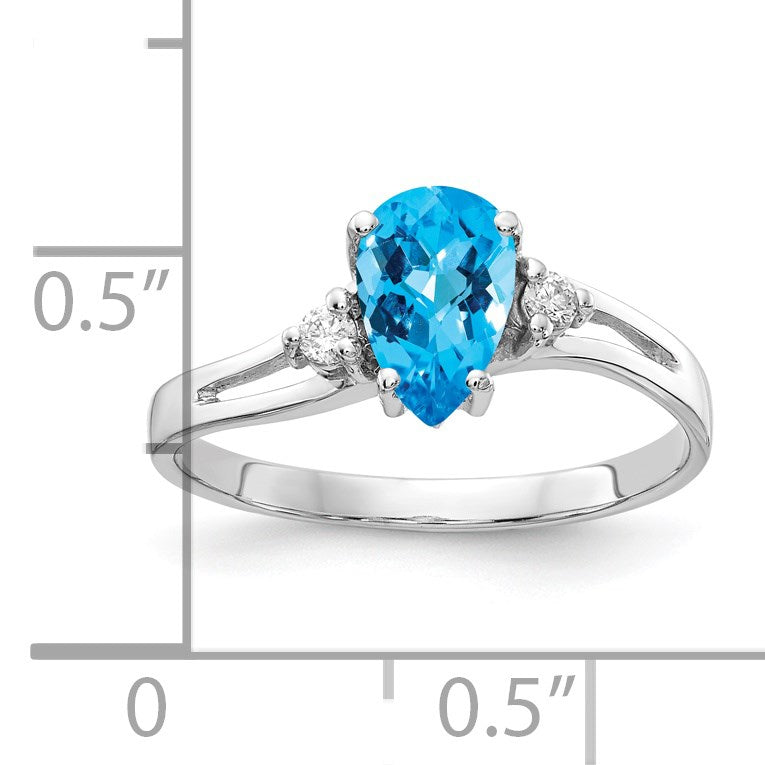 14k White Gold 7x5mm Pear Blue Topaz Checker-cut and 1/20 carat AA Diamond Ring