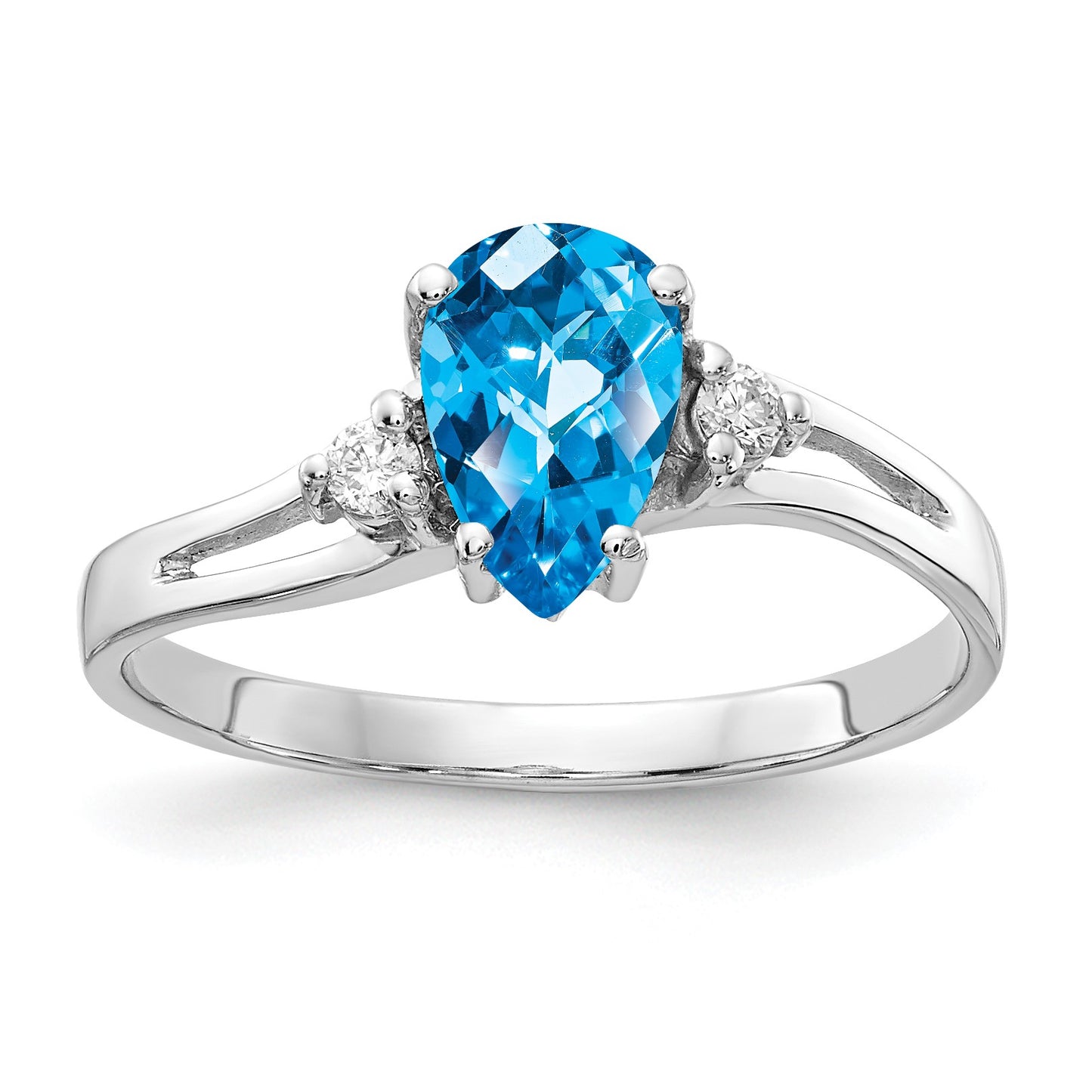 14k White Gold 7x5mm Pear Blue Topaz Checker-cut and 1/20 carat AA Diamond Ring