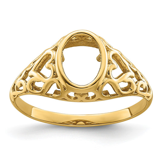 14k Holds 7x5mm Oval Bezel Gemstone Heart Filigree Ring Mounting