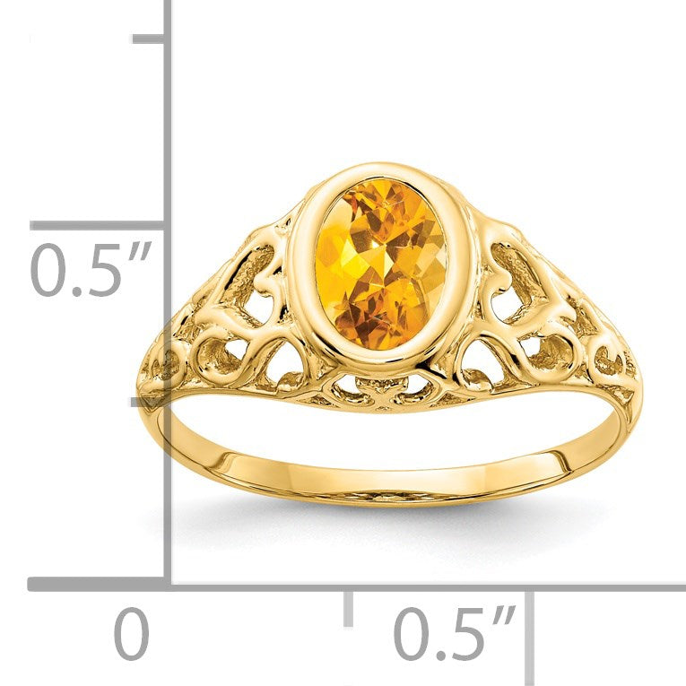 14k 7x5mm Oval Citrine Bezel Heart Filigree Ring