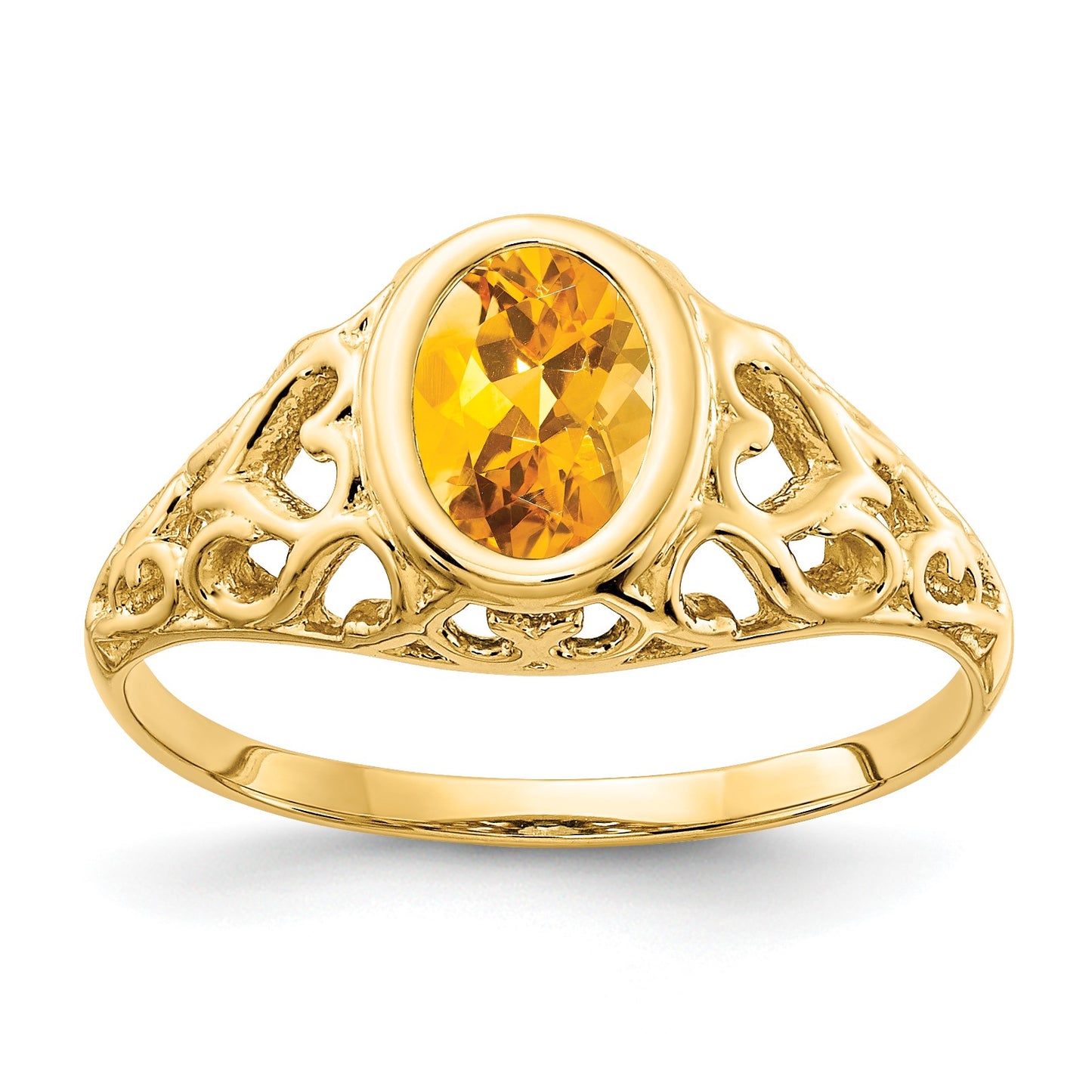 14k 7x5mm Oval Citrine Bezel Heart Filigree Ring