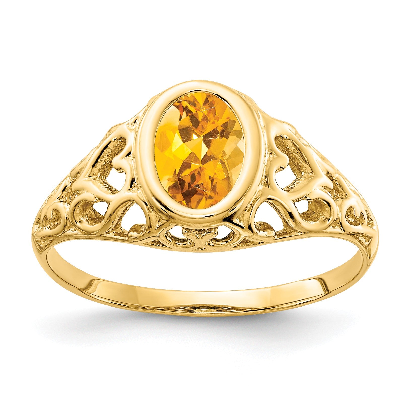 14k 7x5mm Oval Citrine Bezel Heart Filigree Ring
