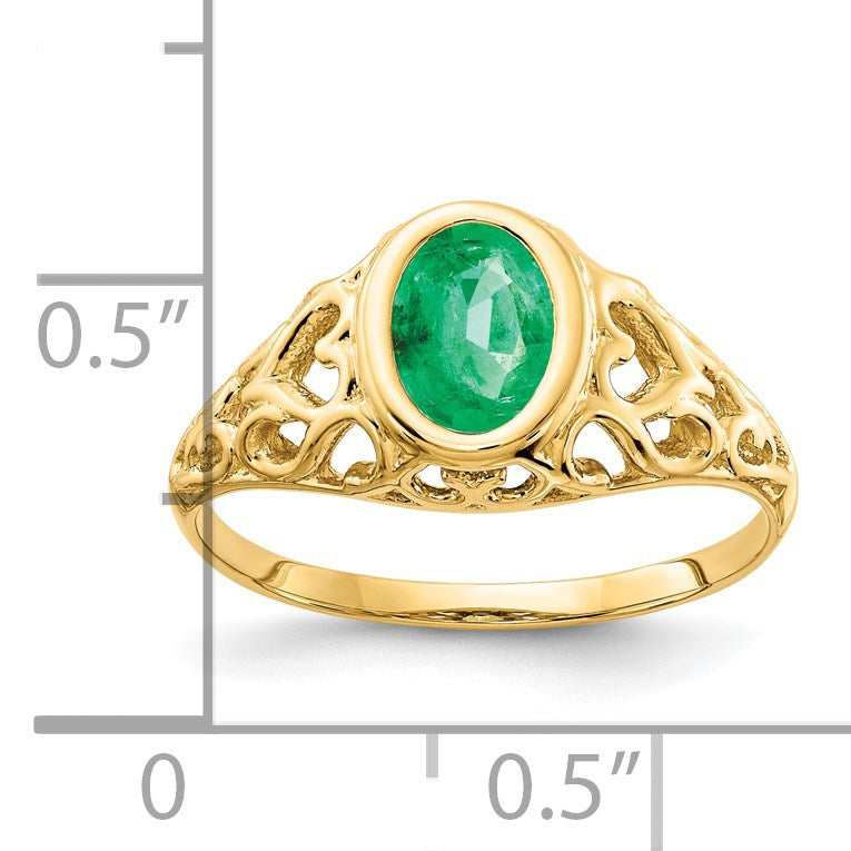 14k 7x5mm Oval Emerald Bezel Heart Filigree Ring