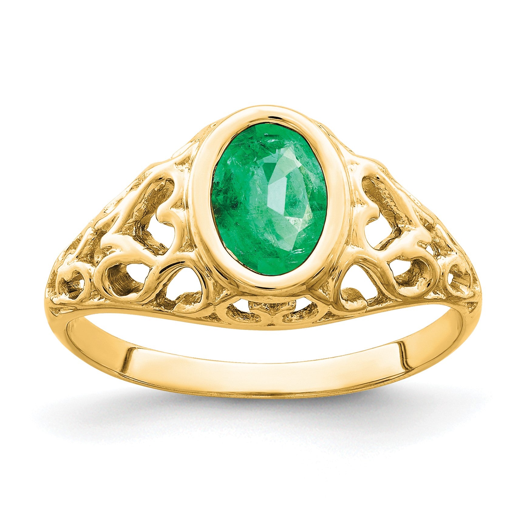 14k 7x5mm Oval Emerald Bezel Heart Filigree Ring