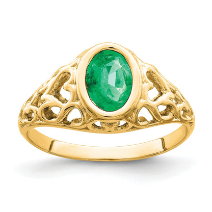 14k 7x5mm Oval Emerald Bezel Heart Filigree Ring