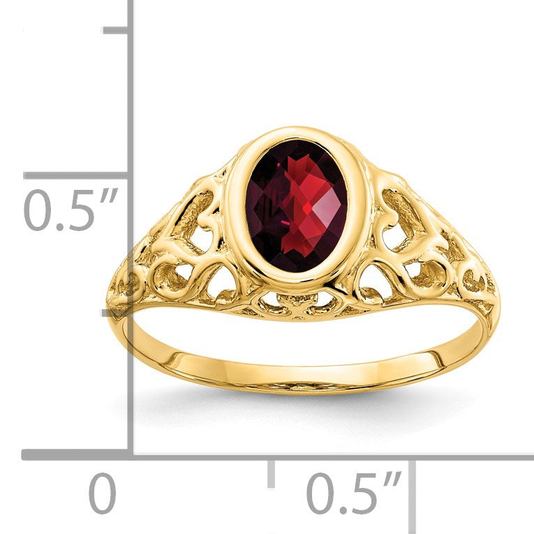 14k 7x5mm Oval Checker-cut Garnet Heart Filigree Ring