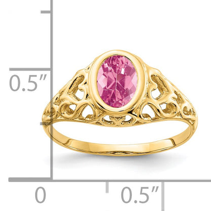 14k 7x5mm Oval Pink Tourmaline Bezel Heart Filigree Ring