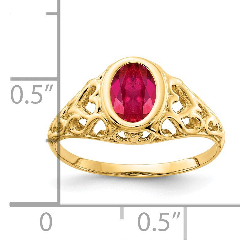 14k 7x5mm Oval Bezel Ruby Heart Filigree Ring
