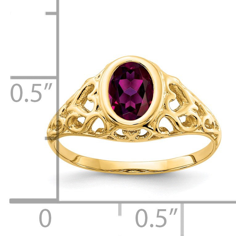 14k 7x5mm Oval Rhodolite Garnet Bezel Heart Filigree Ring