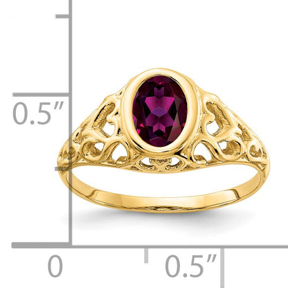 14k 7x5mm Oval Rhodolite Garnet Bezel Heart Filigree Ring