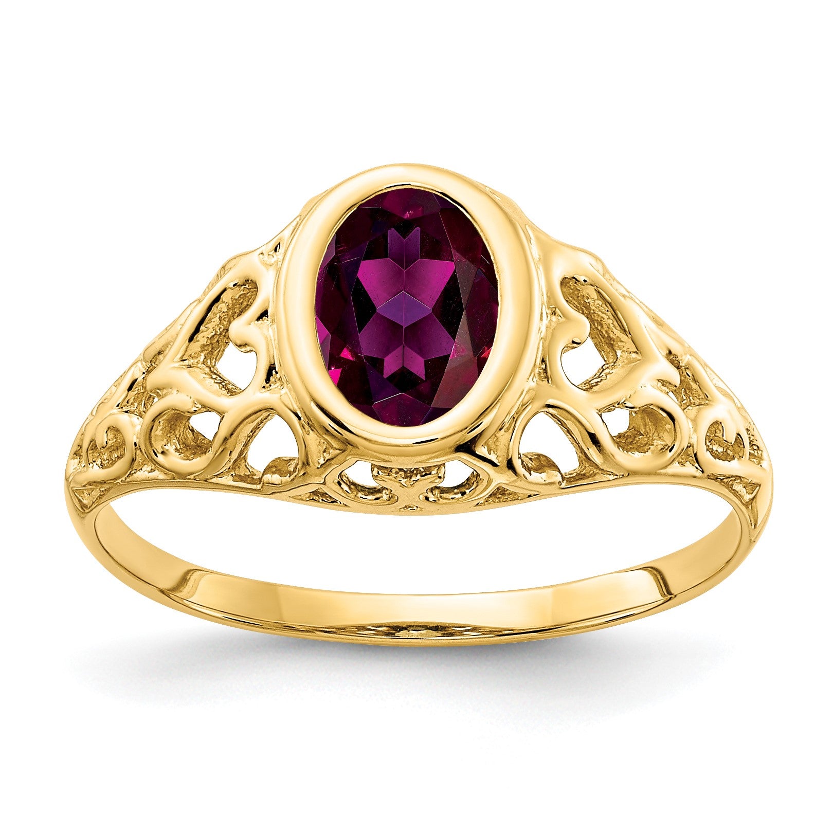 14k 7x5mm Oval Rhodolite Garnet Bezel Heart Filigree Ring