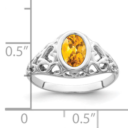 14k White Gold 7x5mm Oval Citrine Bezel Heart Filigree Ring