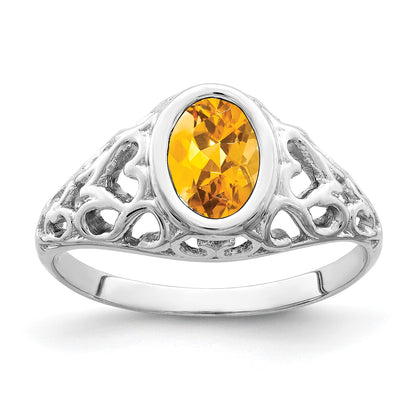 14k White Gold 7x5mm Oval Citrine Bezel Heart Filigree Ring
