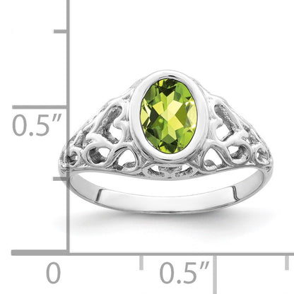 14k White Gold 7x5mm Oval Peridot Bezel Heart Filigree Ring