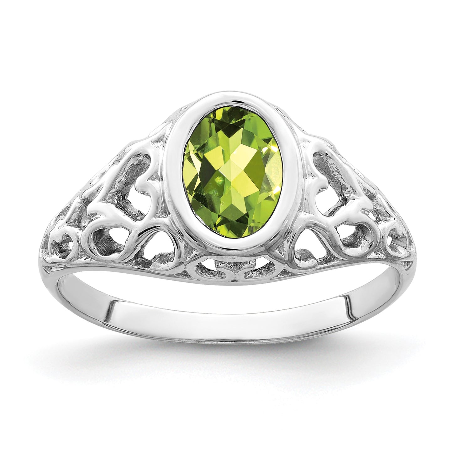 14k White Gold 7x5mm Oval Peridot Bezel Heart Filigree Ring