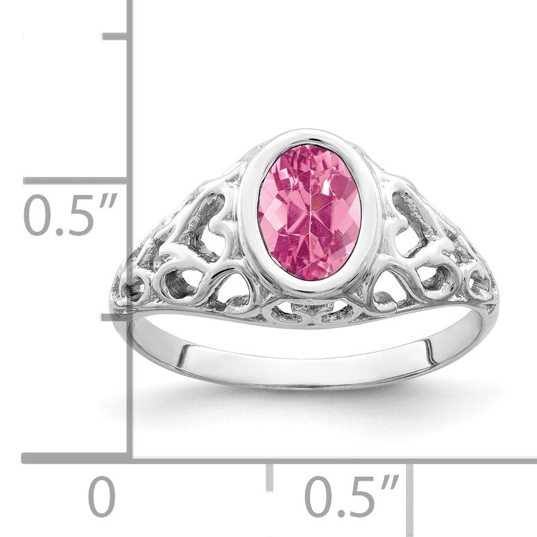 14k White Gold 7x5mm Oval Pink Tourmaline Bezel Heart Filigree Ring