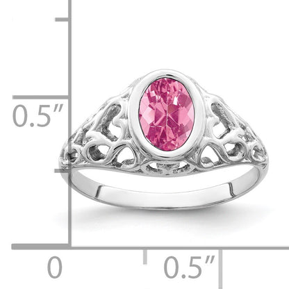 14k White Gold 7x5mm Oval Pink Tourmaline Bezel Heart Filigree Ring
