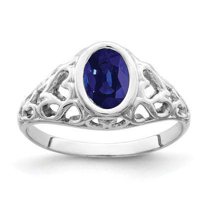 14k White Gold 7x5mm Oval Blue Sapphire Filigree Heart Ring