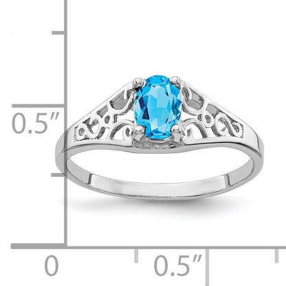 14k White Gold 6x4mm Oval Blue Topaz Filigree Ring