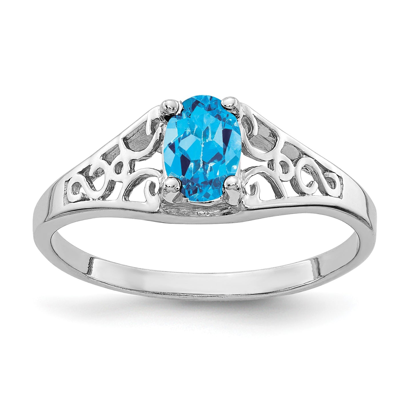 14k White Gold 6x4mm Oval Blue Topaz Filigree Ring