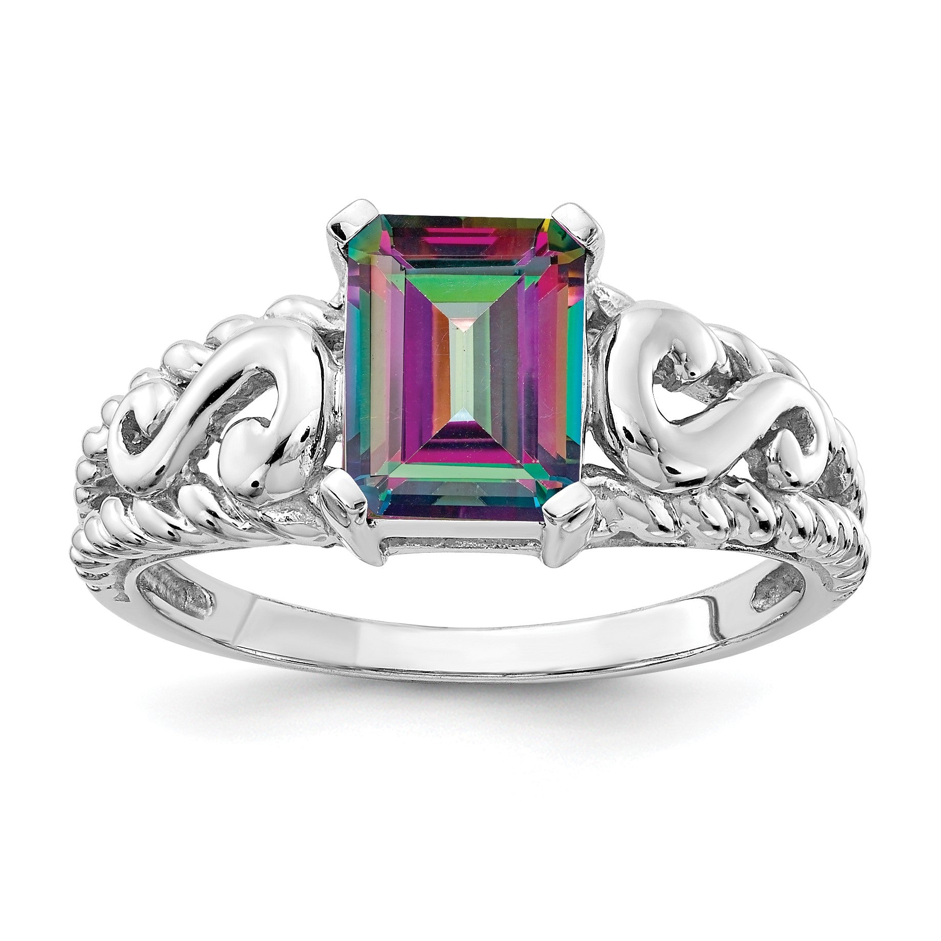 14k White Gold 8x6mm Emerald-cut Mystic Fire Topaz Ring