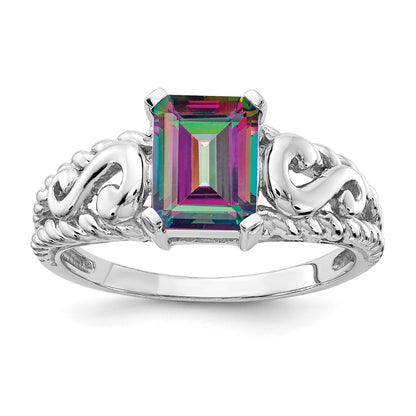 14k White Gold 8x6mm Emerald-cut Mystic Fire Topaz Ring
