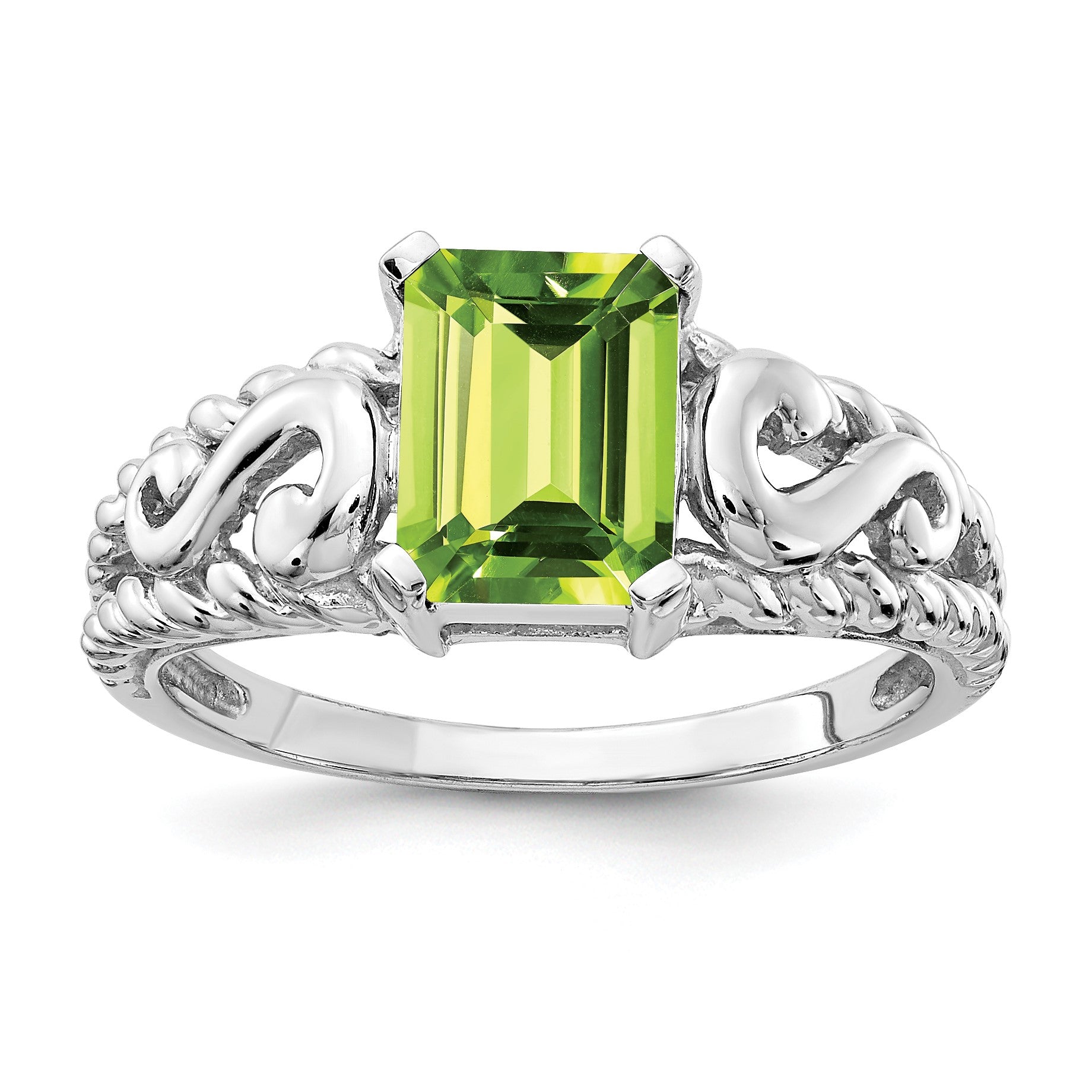 14k White Gold 8x6mm Emerald-cut Peridot Ring