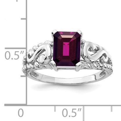14k White Gold 8x6mm Emerald-cut Rhodolite Garnet Ring