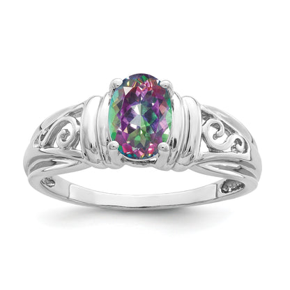 14k White Gold 7x5mm Oval Mystic Fire Topaz Filigree Ring
