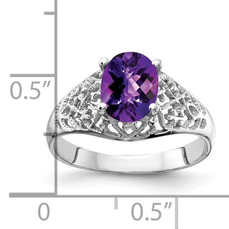 14k White Gold 8x6mm Oval Amethyst Checker-cut Filigree Ring