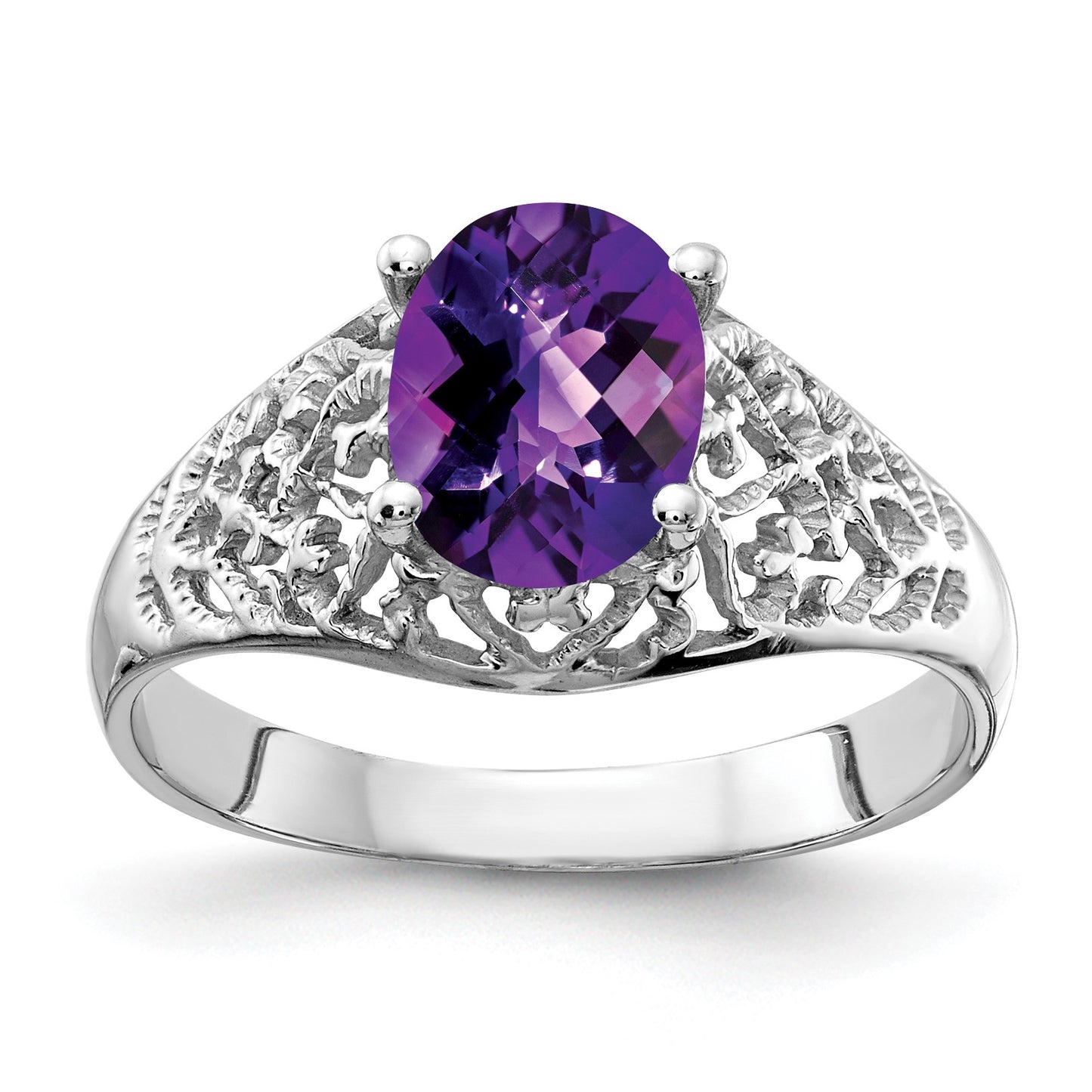 14k White Gold 8x6mm Oval Amethyst Checker-cut Filigree Ring
