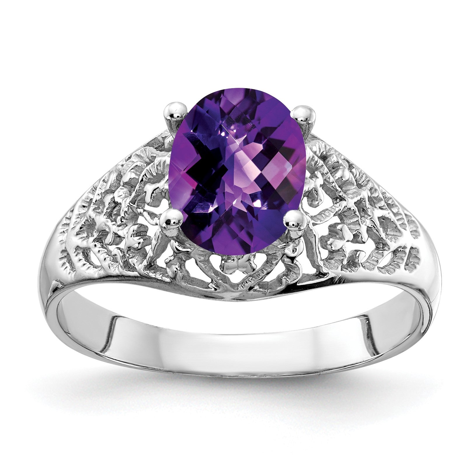 14k White Gold 8x6mm Oval Amethyst Checker-cut Filigree Ring