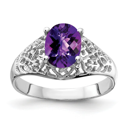 14k White Gold 8x6mm Oval Amethyst Checker-cut Filigree Ring