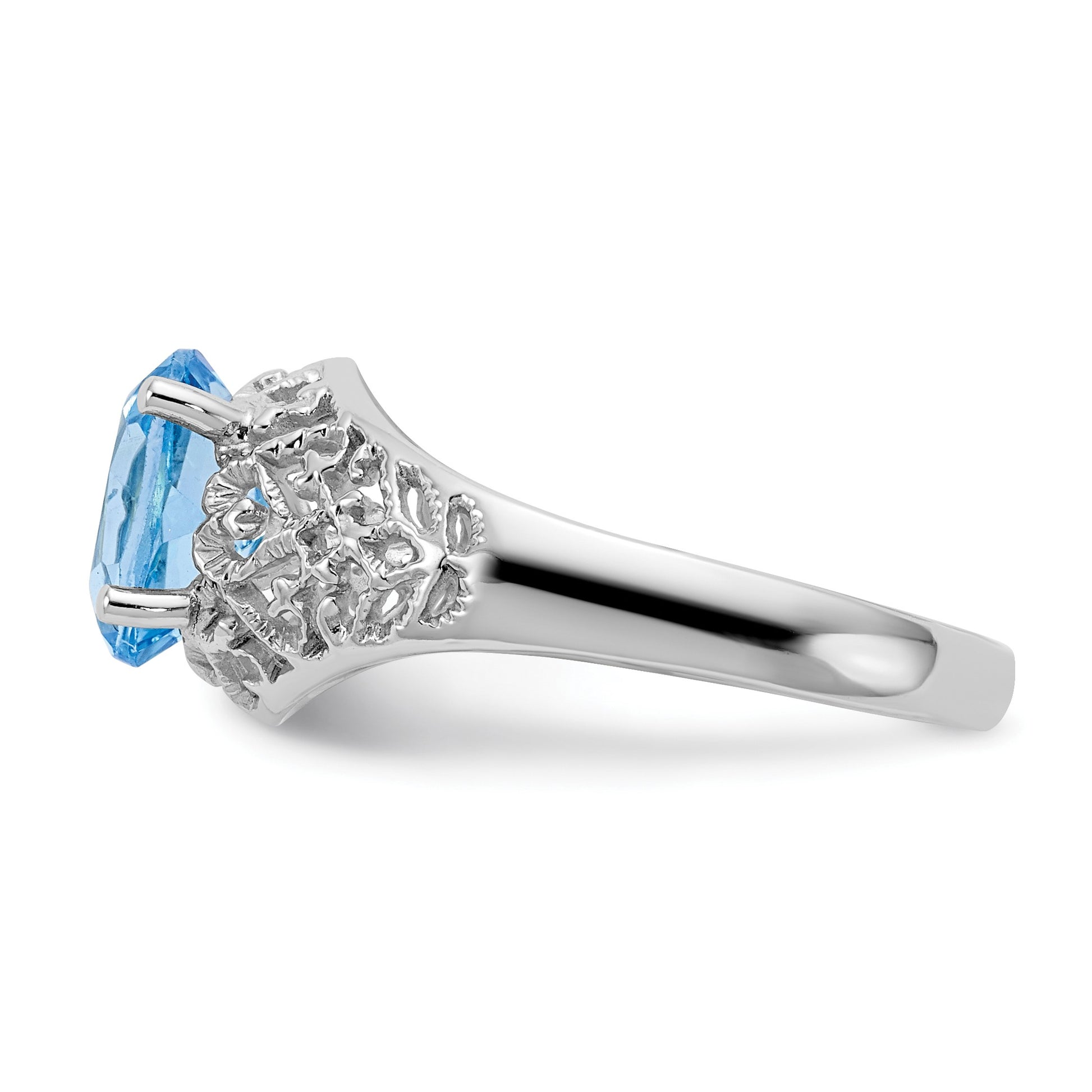 14k White Gold 8x6mm Oval Blue Topaz Filigree Ring
