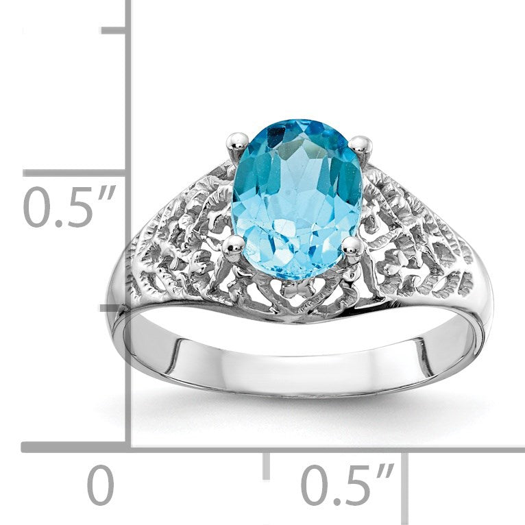 14k White Gold 8x6mm Oval Blue Topaz Filigree Ring