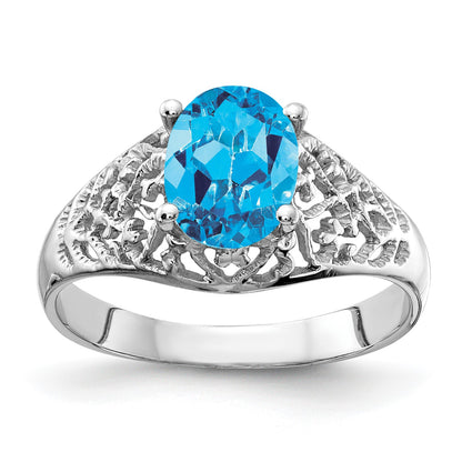14k White Gold 8x6mm Oval Blue Topaz Filigree Ring
