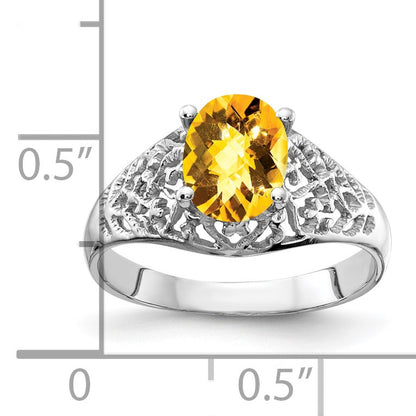 14k White Gold 8x6mm Oval Citrine Checker-cut Filigree Ring