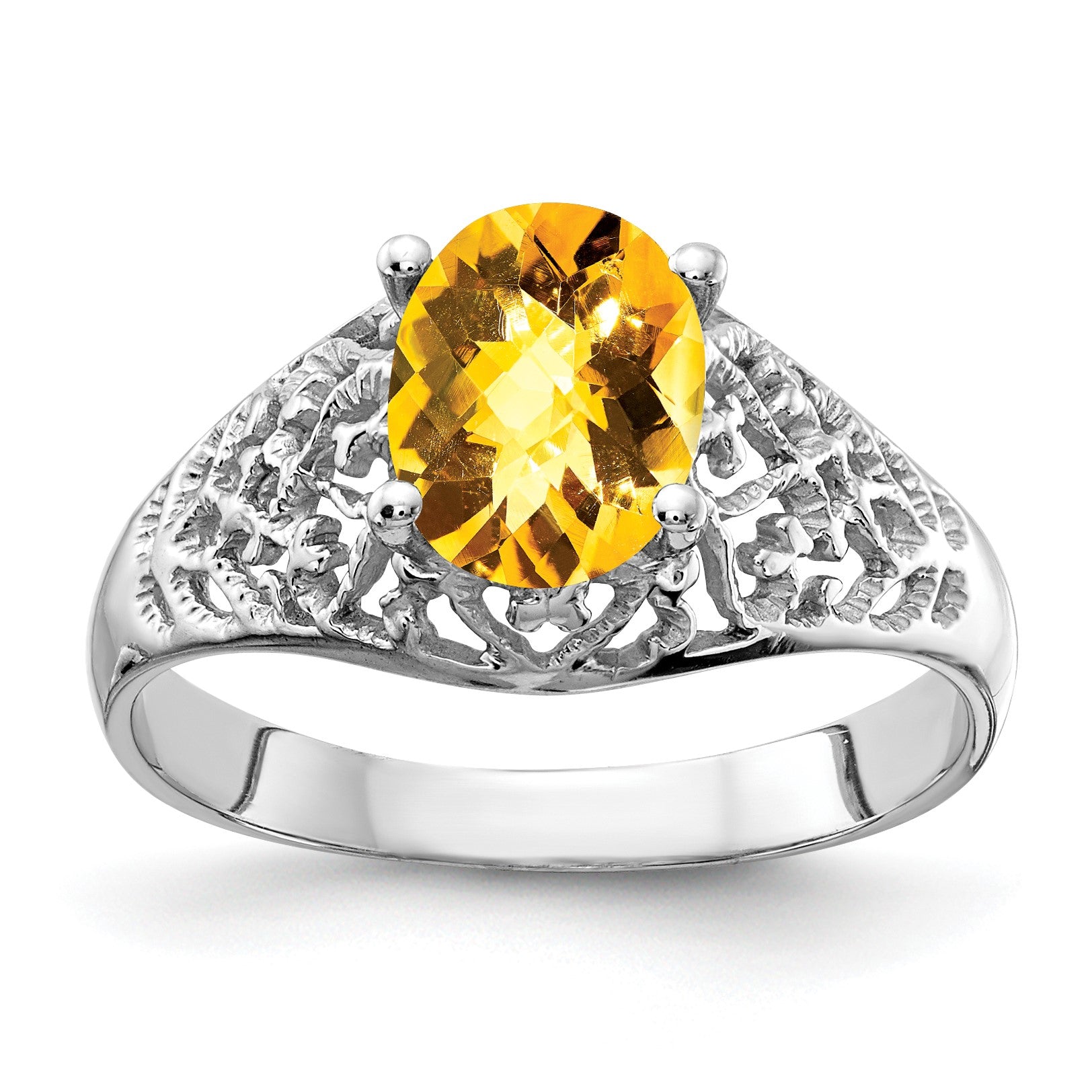 14k White Gold 8x6mm Oval Citrine Checker-cut Filigree Ring