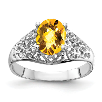 14k White Gold 8x6mm Oval Citrine Checker-cut Filigree Ring
