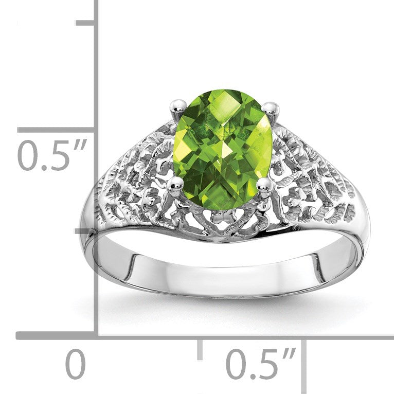 14k White Gold 8x6mm Oval Peridot Checker-cut Filigree Ring