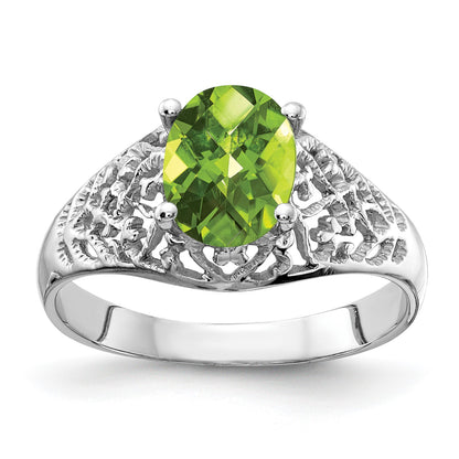 14k White Gold 8x6mm Oval Peridot Checker-cut Filigree Ring