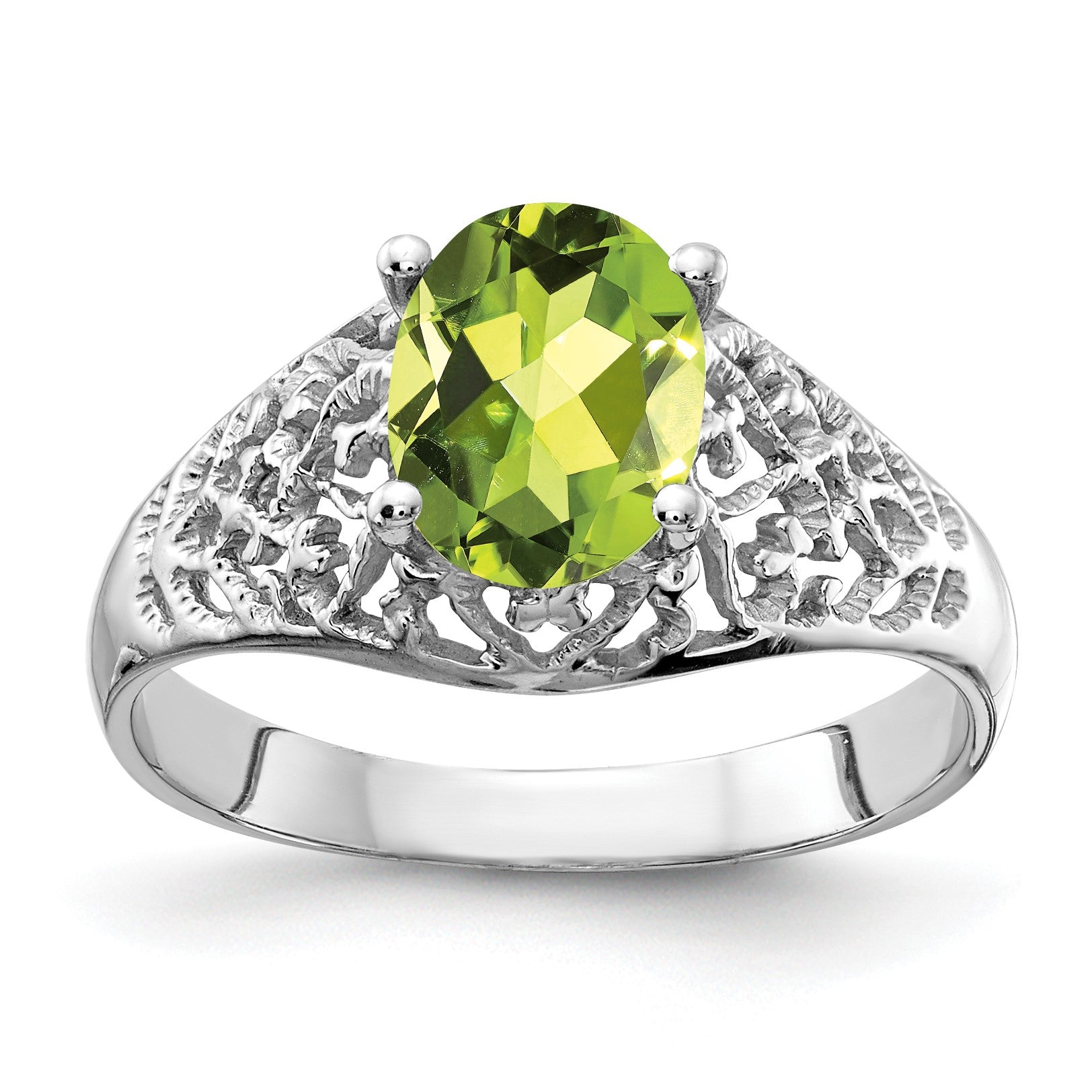 14k White Gold 8x6mm Oval Peridot Filigree Ring