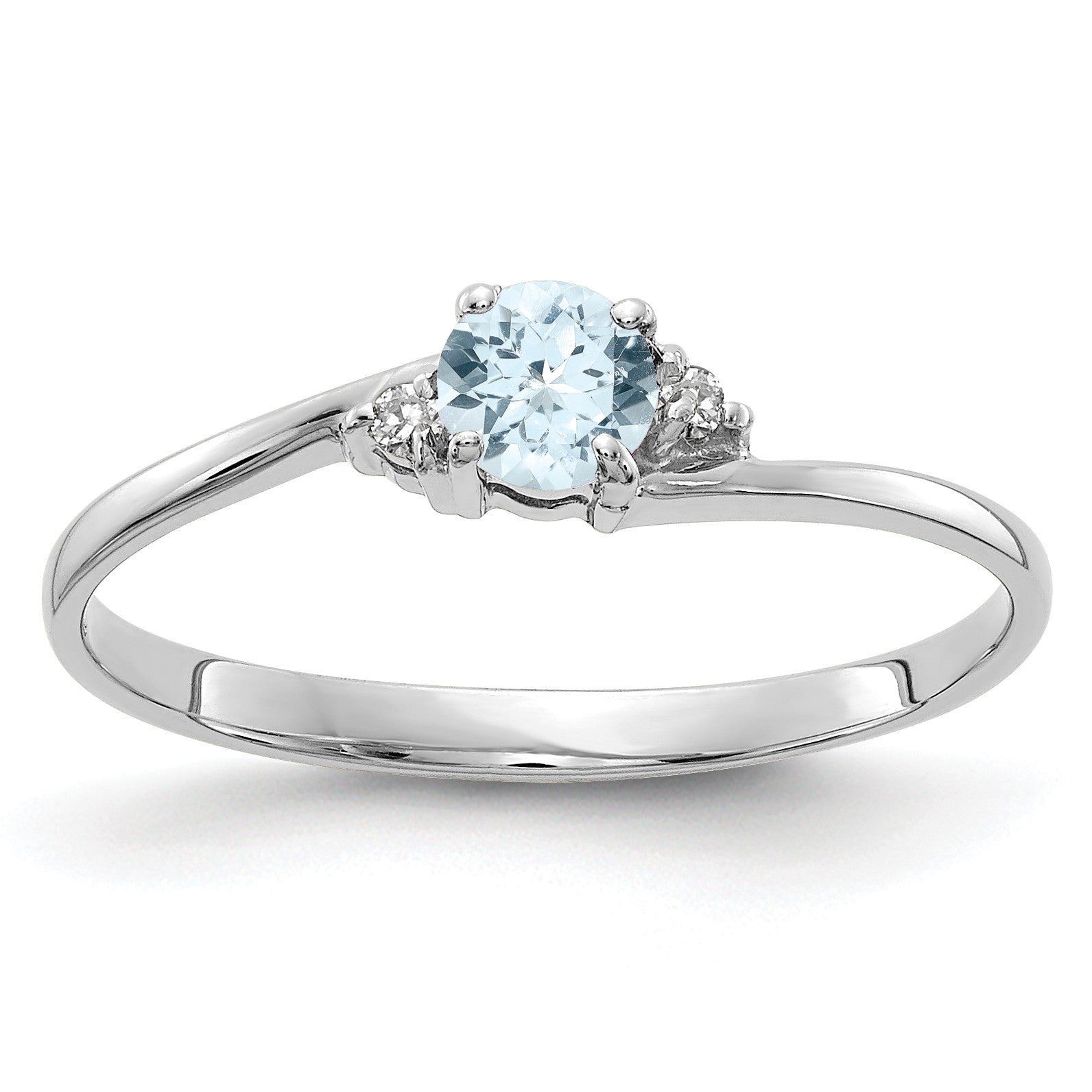 14k White Gold 4mm Round Aquamarine and AA Diamond Ring