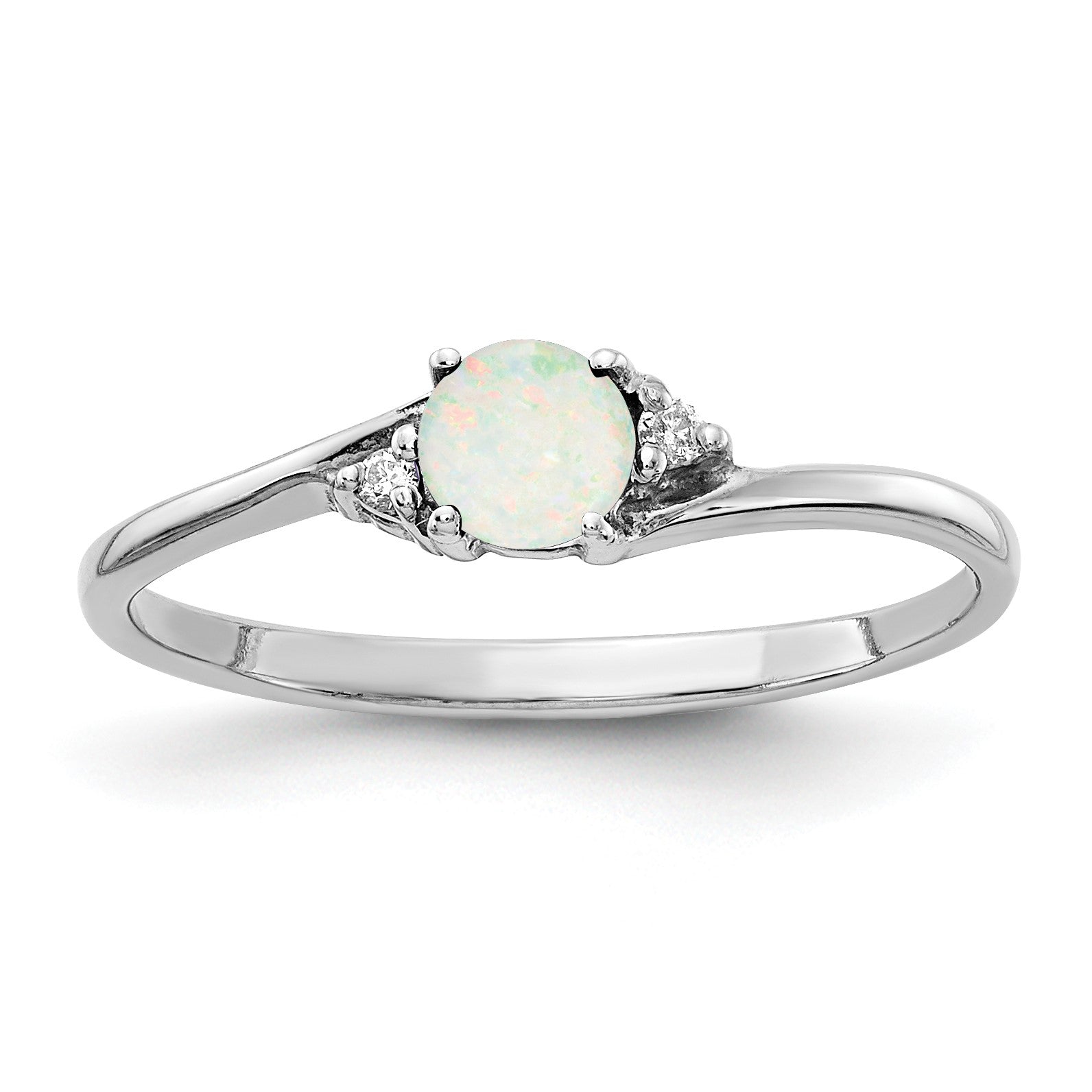 14k White Gold 4mm Round Opal and AA Diamond Ring