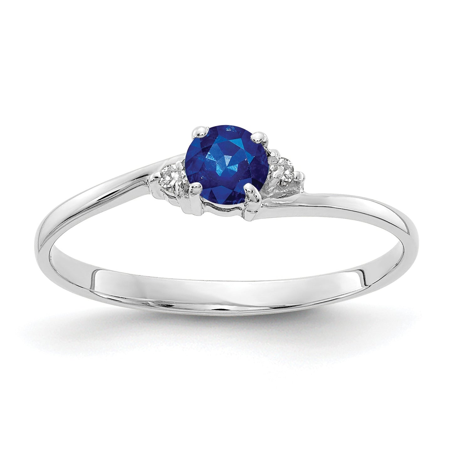 14k White Gold 4mm Round Blue Sapphire and AA Diamond Ring