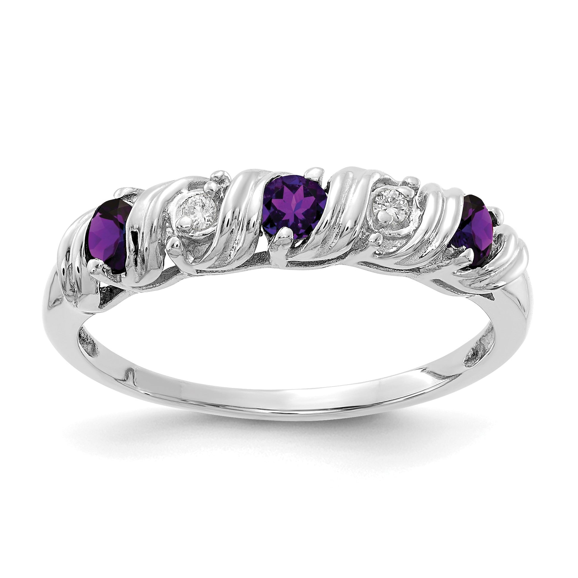 14k White Gold 2.75mm Round Amethyst and AA Diamond Twist Ring